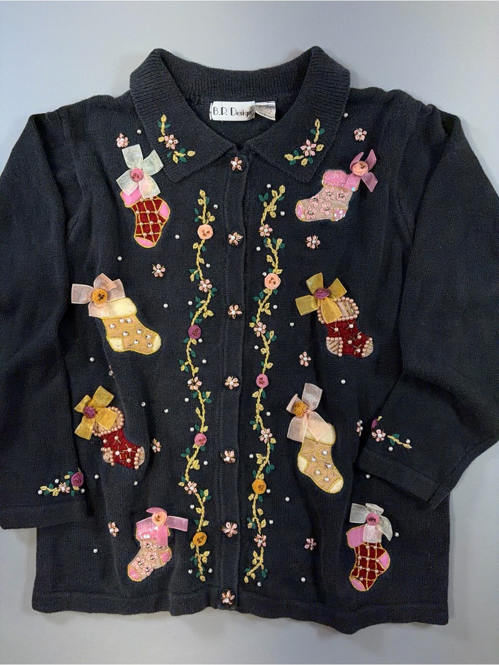 Vintage B.P. Design Christmas Cardigan L Black Beaded Stockings Ribbon Embroider